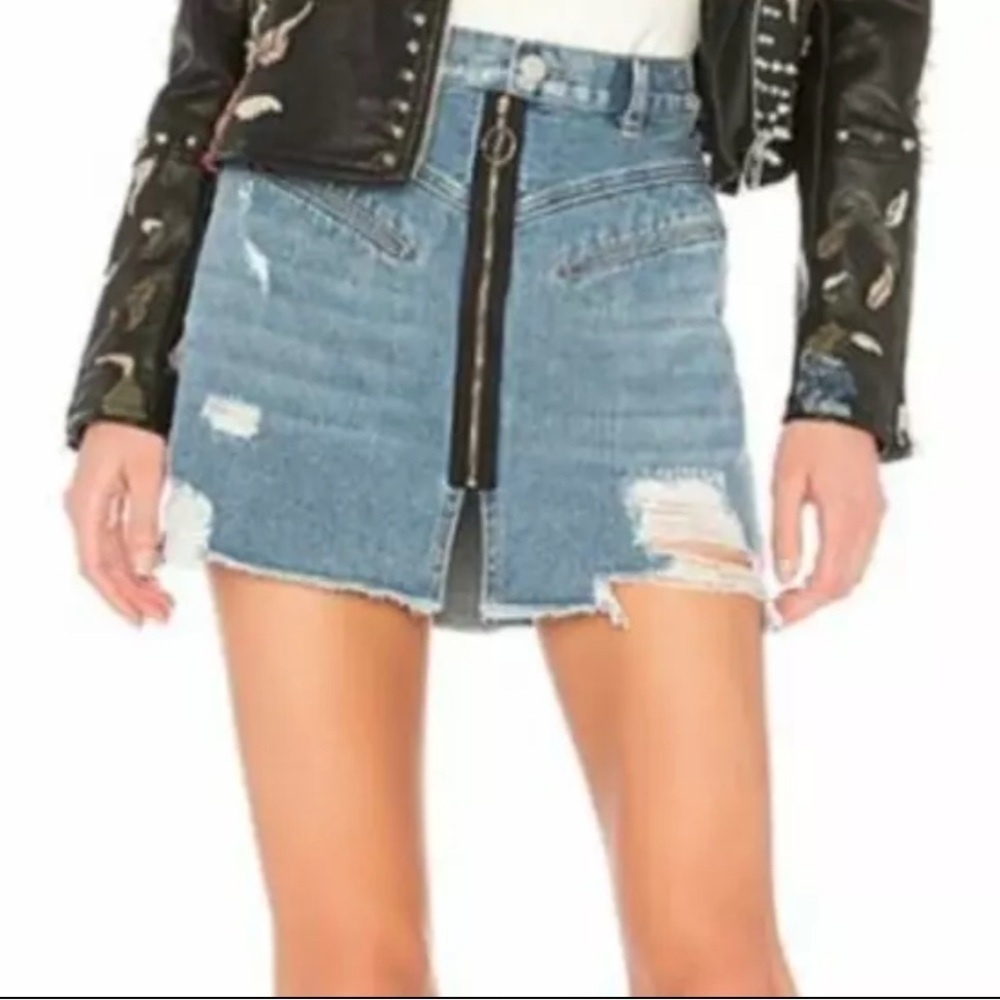 Blank NYC Womens Zip Front Blue Denim Distressed Denim Skirt Size 28